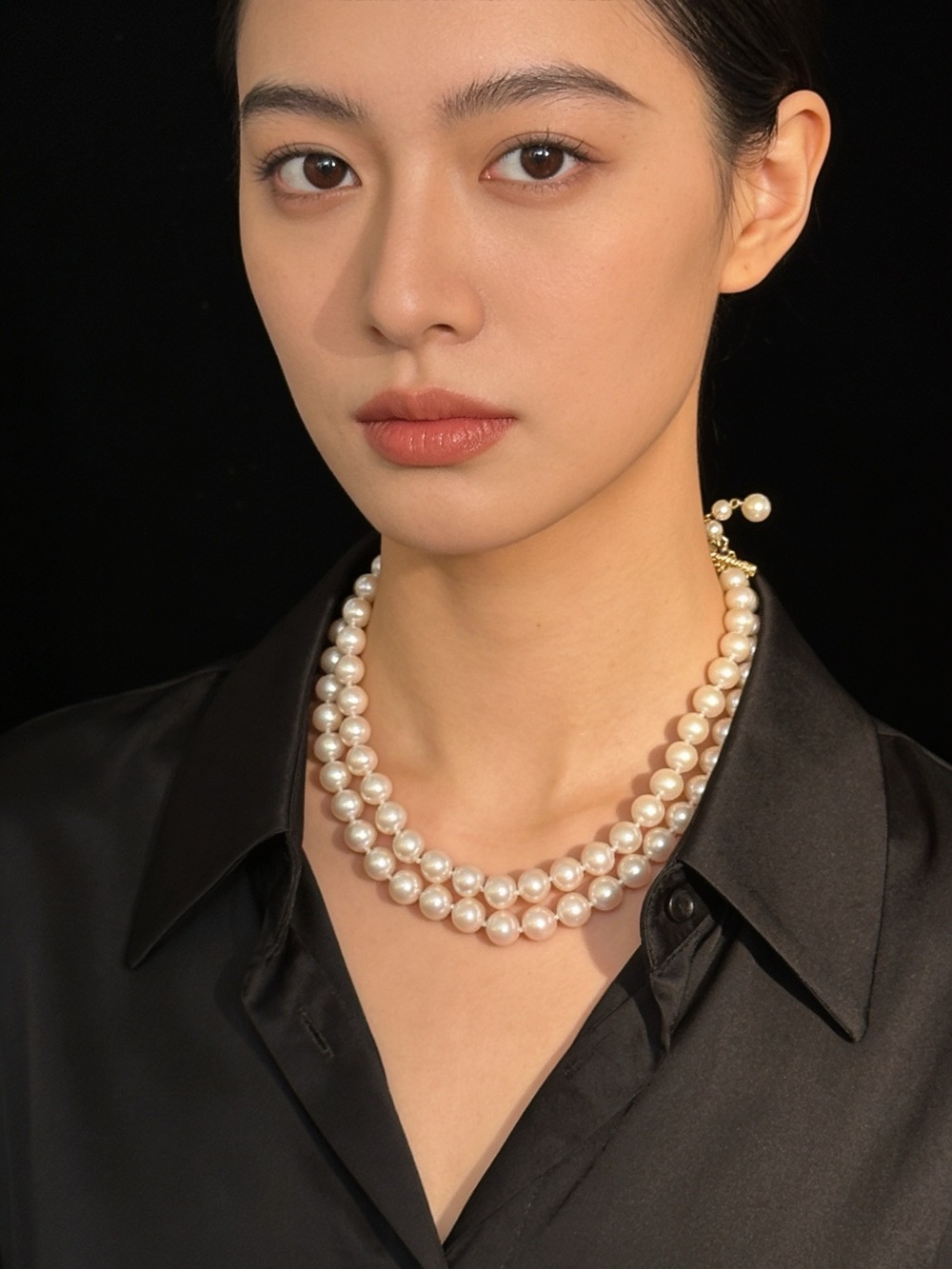 Marvella Double Strand White Pearl Necklace with Gold Accents